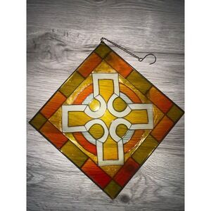 Vintage Crafted Stained Glass Hanging‎ Art Window Panel, Orange 10.5 X 10.5